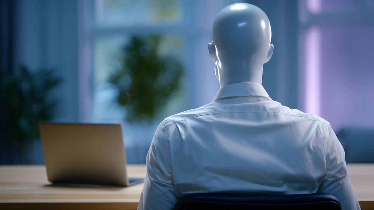 A serene and contemplative scene featuring a mannequin seated at a desk facing a laptop in a softly lit, tranquil environment, emphasizing modern minimalism.