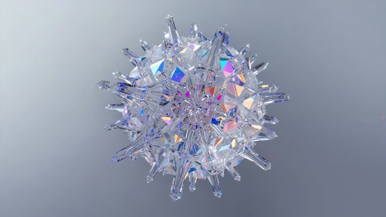 Rotating crystal sphere responding to light on gray backdrop revealing blue purple orange glints