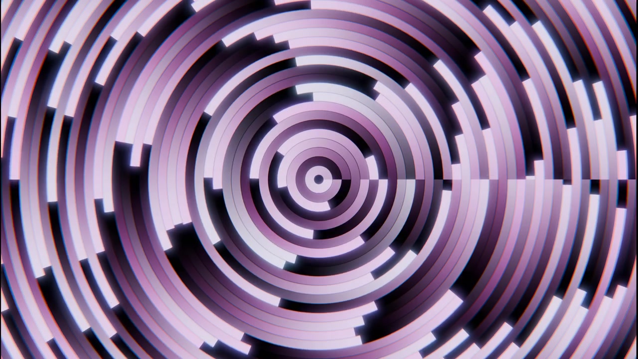 Scena astratta statica di anelli circolari concentrici disposti attorno a un bersaglio centrale, con fasce segmentate, ritagli a strati, ombre morbide, bagliore malva pastello e blu, design simmetrico moderno.