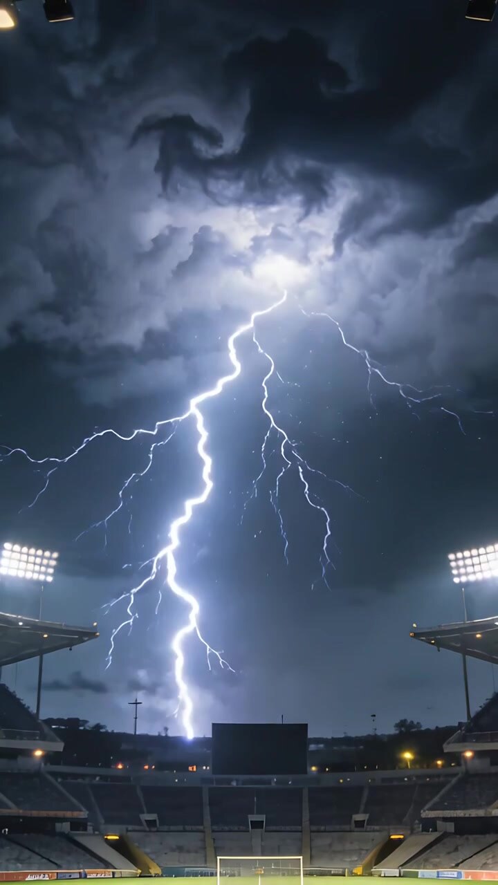 Video verticale: Un fulmine squarcia il cielo durante una tempesta, illuminando ripetutamente il tabellone e le luci dello stadio.