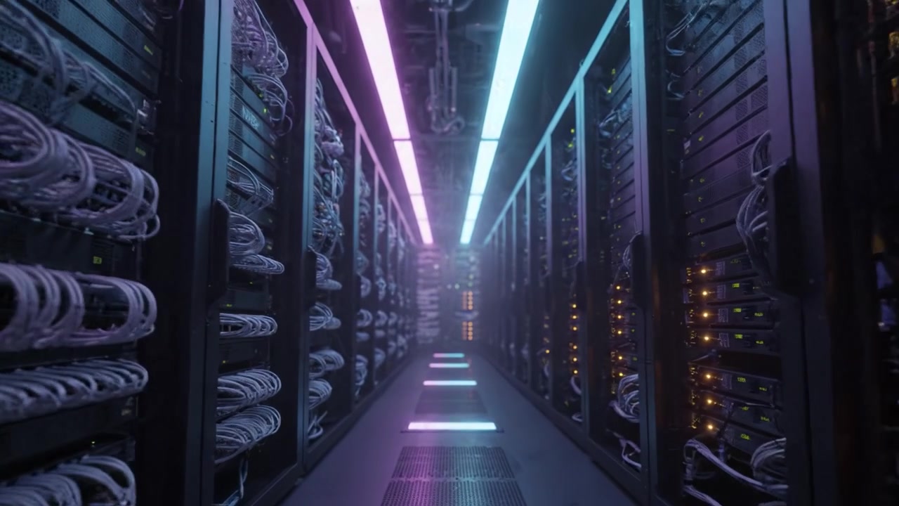 En futuristisk datacentralkorridor, der fremviser avanceret serverteknologi badet i levende belysning, og fremhæver det indviklede netværk af højtydende computerenheder