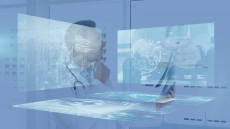 animation of digital screens over caucasian male doctor holding xray