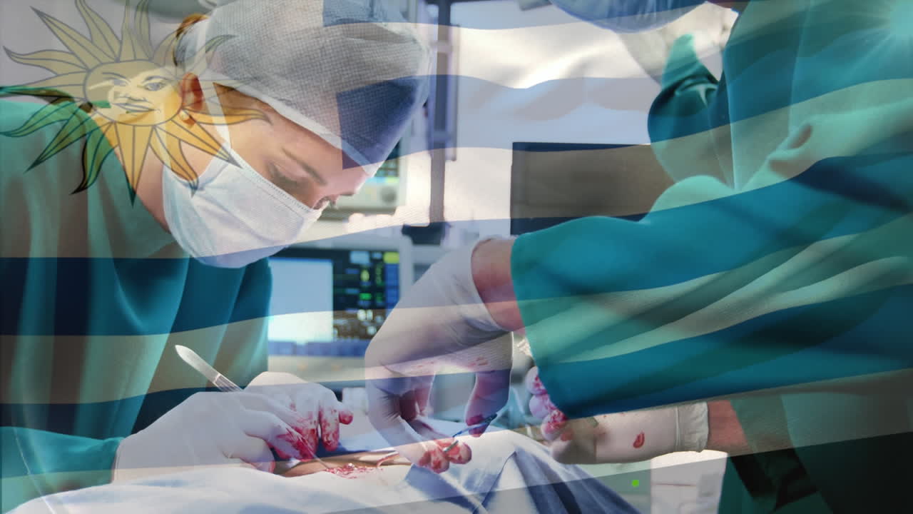 수술실 에 있는 외과 의사 들 위 에 우루과이 의  ⁇ 발 이 흔들리는 애니메이션