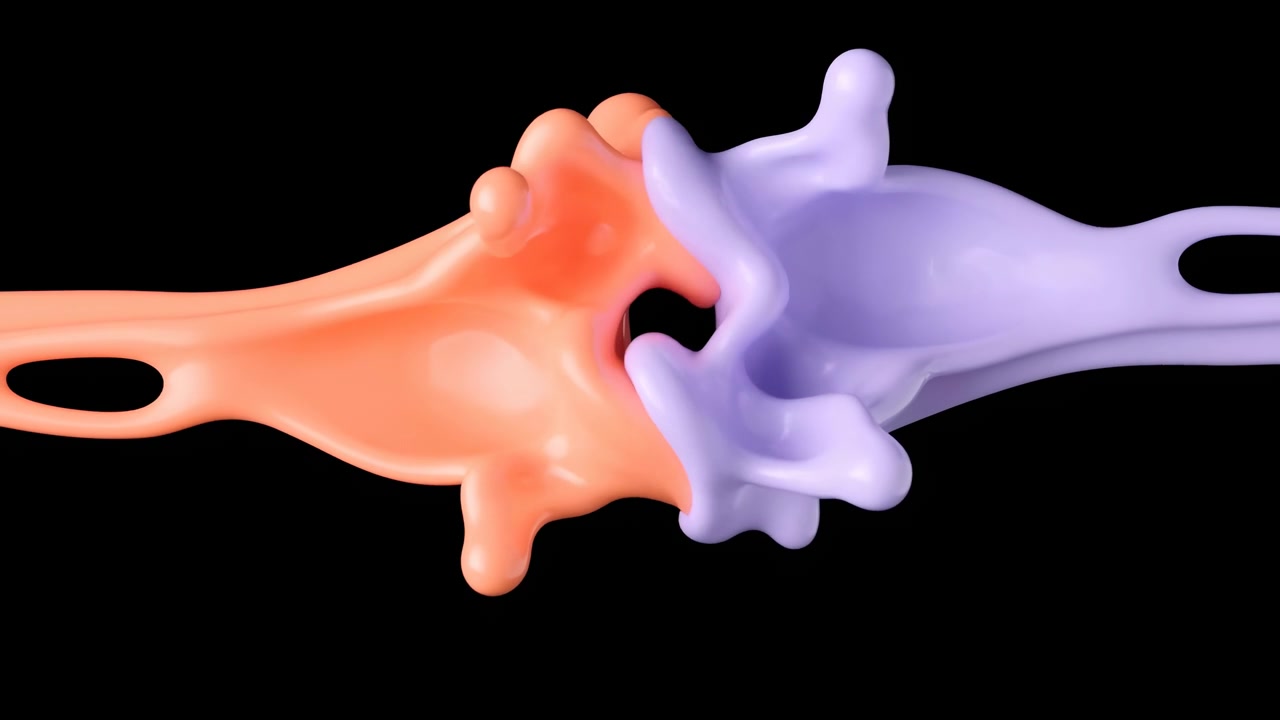 Orange form from left and lavender form from right meet in tight center overlap, forming layered abstract contact with soft compression, rounded folds, glossy highlights, and balanced minimal