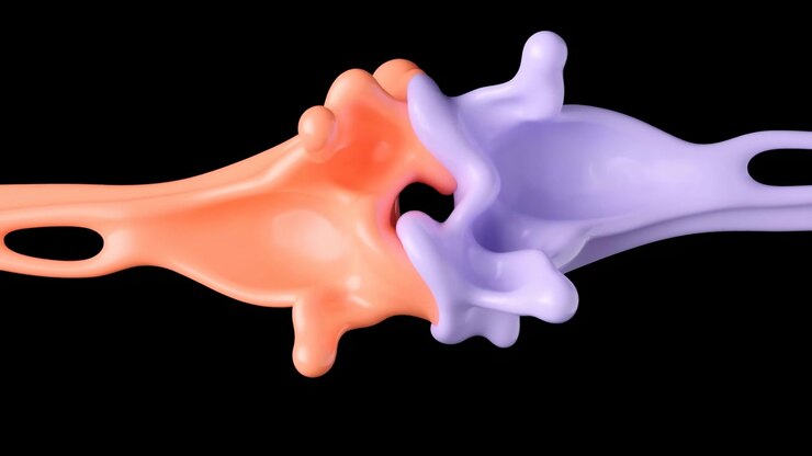 Orange form from left and lavender form from right meet in tight center overlap, forming layered abstract contact with soft compression, rounded folds, glossy highlights, and balanced minimal