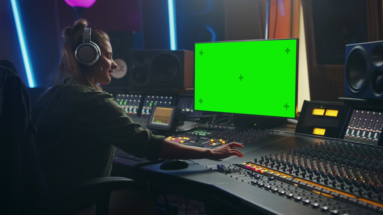 Stylish Female Audio Engineer / Producer Working in Music Record Studio, Uses Headphones, Green Screen Computer Display, Mixer Board, Control Desk to Create New Song. Creative Artist Musician. Zoom in