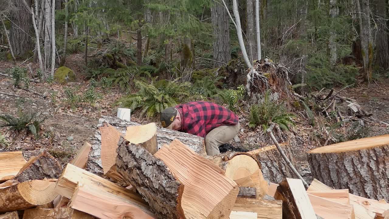 격자 무늬 재킷을 입은 남자가 장작을 자르고 더미에 던지고 있습니다.