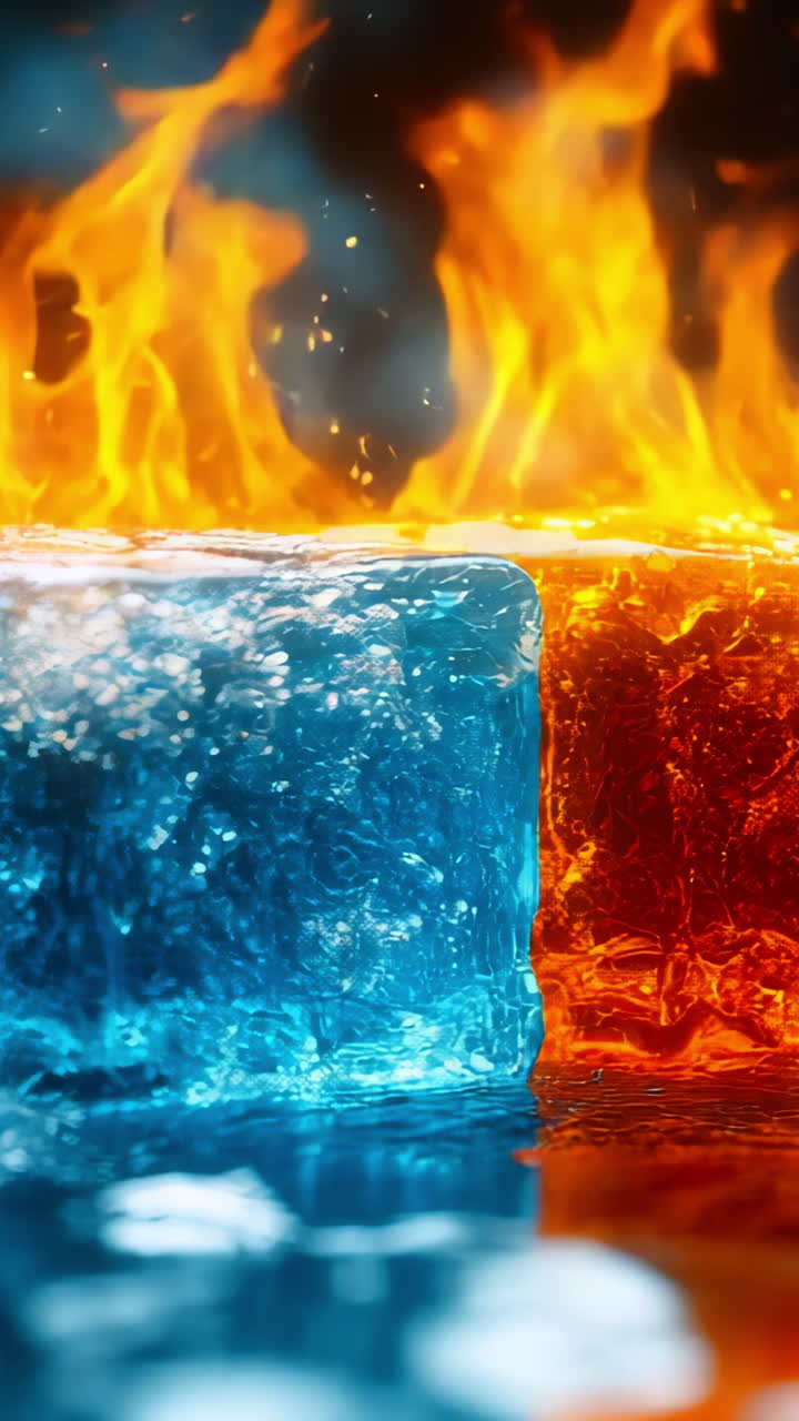 Fire and ice form striking contrasts. Two ice cubes in vibrant colors burn with flames on a reflective surface, creating a striking contrast of heat and cold.