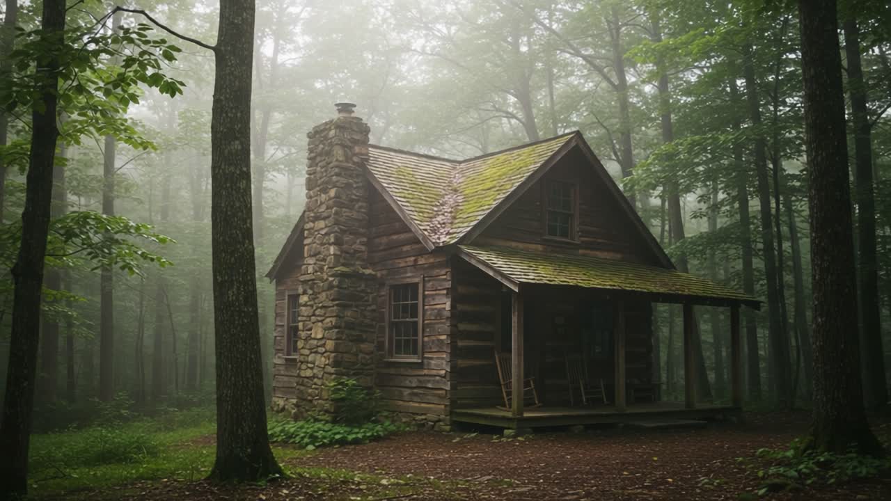 A Serene Log Cabin Surrounded by Misty Forest: A Tranquil Abode Amidst Lush Greenery and Enveloping Fog