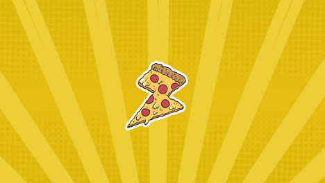 animación de iconos de pizza sobre rayas en fondo amarillo