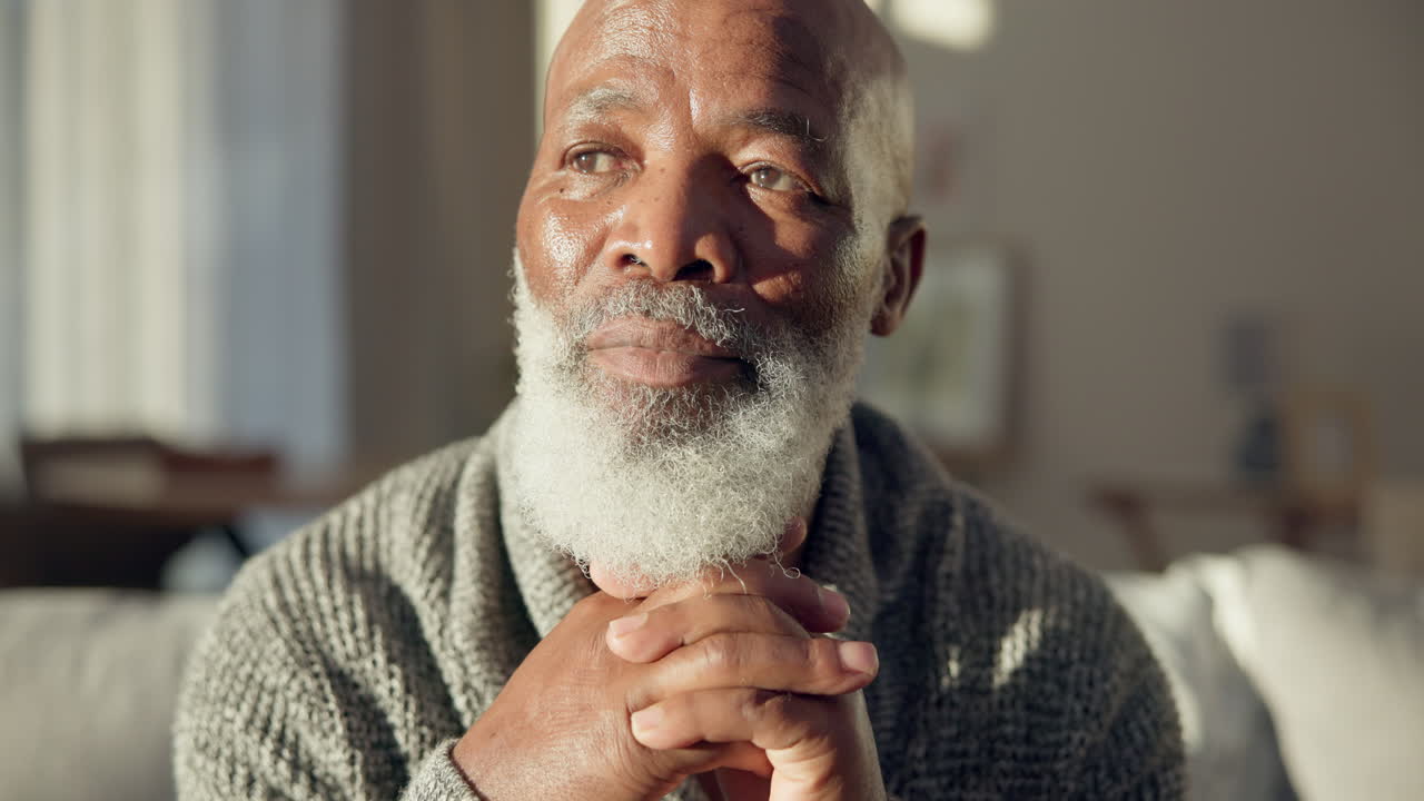 Home, thinking and senior man with memory