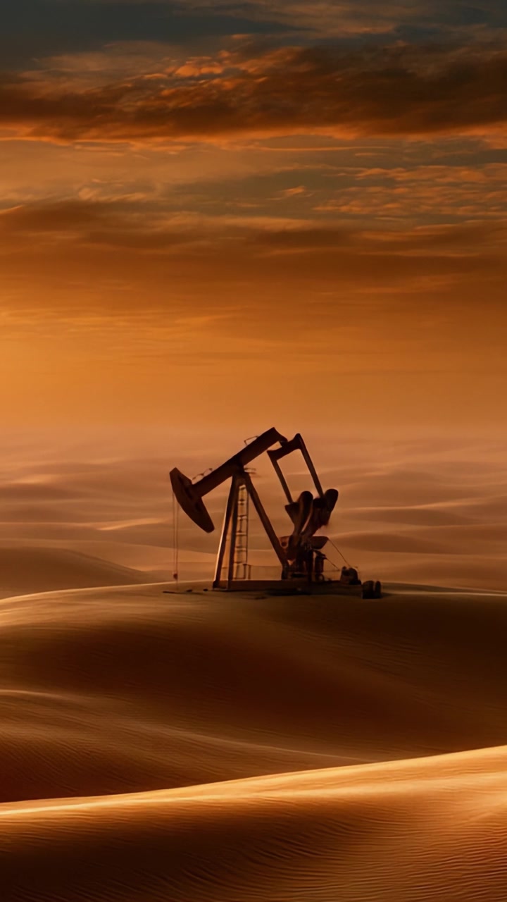 A Solitary Oil Pumpjack Amidst the Vast, Golden Sand Dunes at Sunset, Capturing the Essence of Industry Against a Natural Landscape