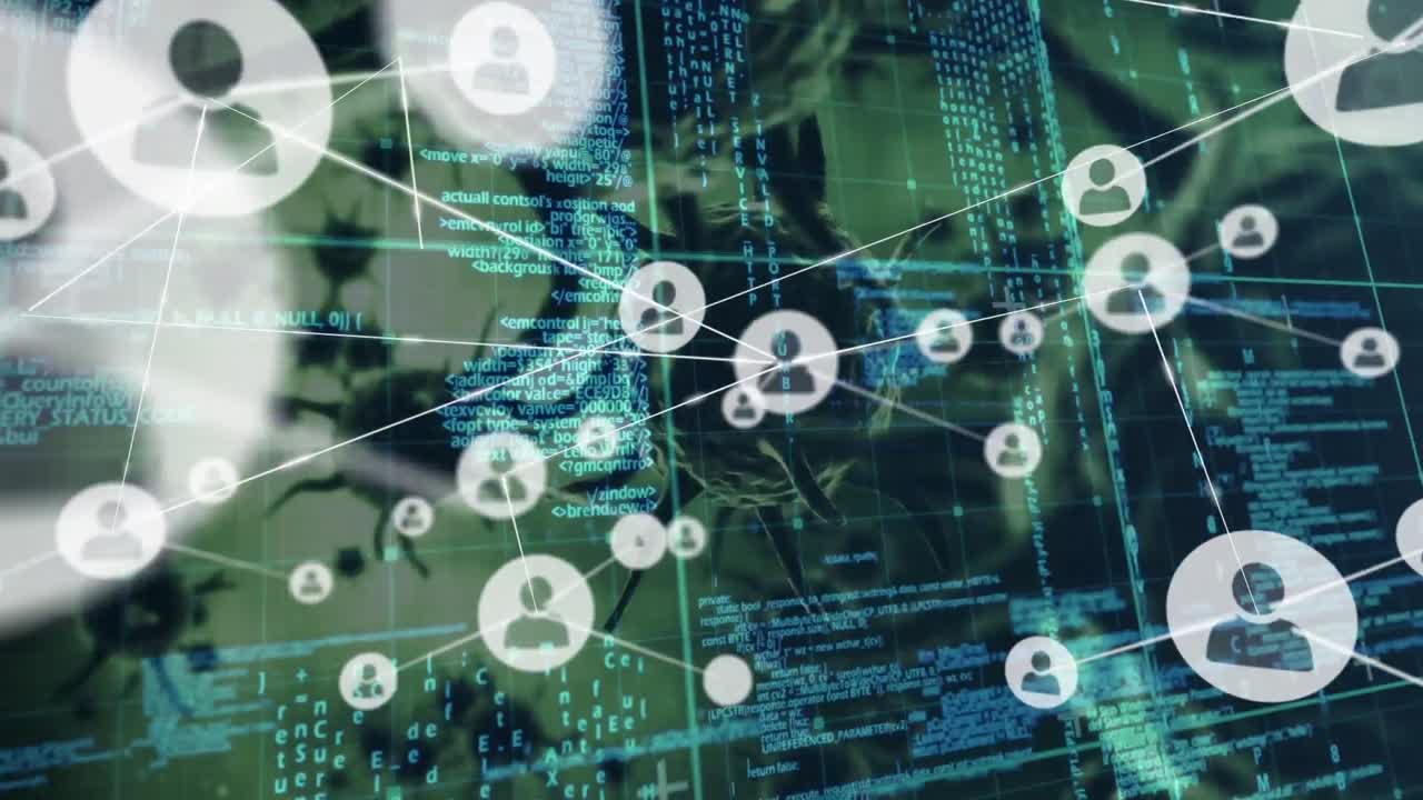 red de iconos de perfil y procesamiento de datos sobre múltiples células de covid-19 en fondo verde