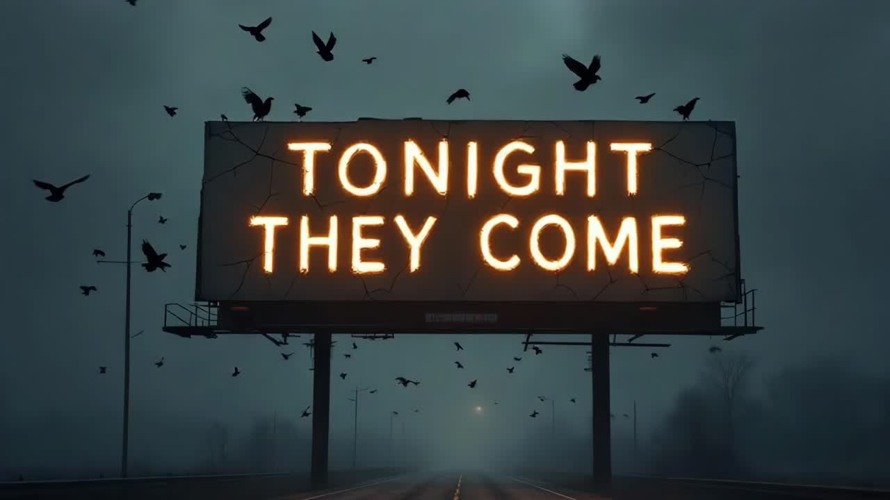 Illuminated billboard displaying ominous message under dark, cloudy sky with birds in motion
