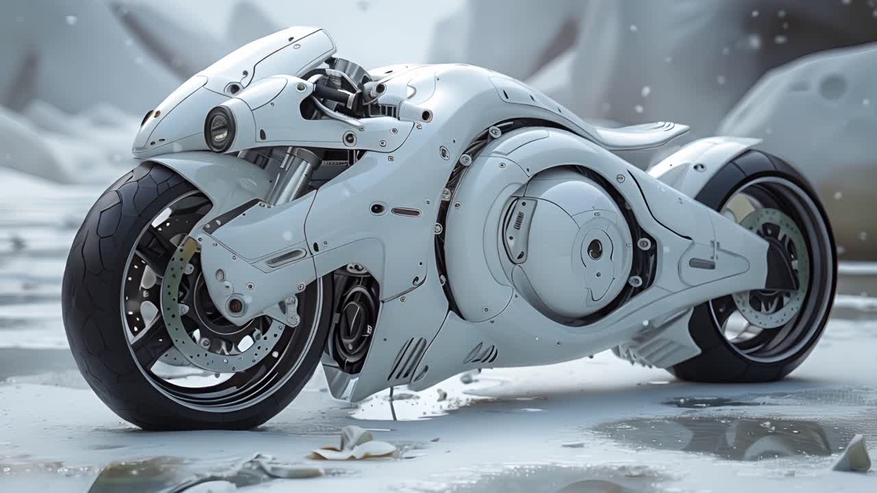 Futuristic White Concept Motorcycle in a Desolate Landscape