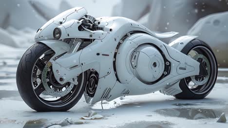 futuristic white concept motorcycle in a desolate landscape
