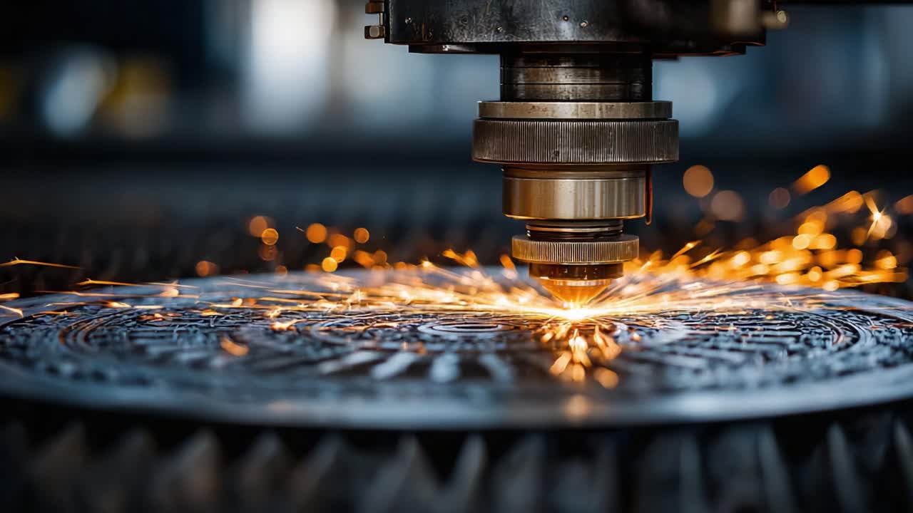 Precision Laser Cutting Process: Capturing the Intensity of Spark Formation as a Laser Cutter Engages with Intricate Material Designs in a High-Tech Workshop Setting