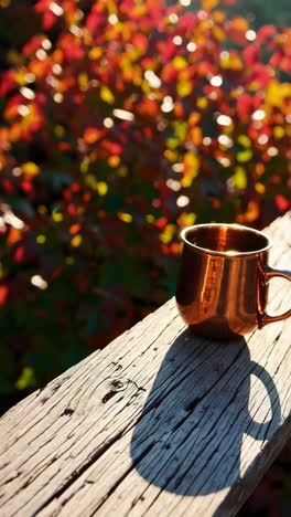 copper mug on a wooden railing in autumn