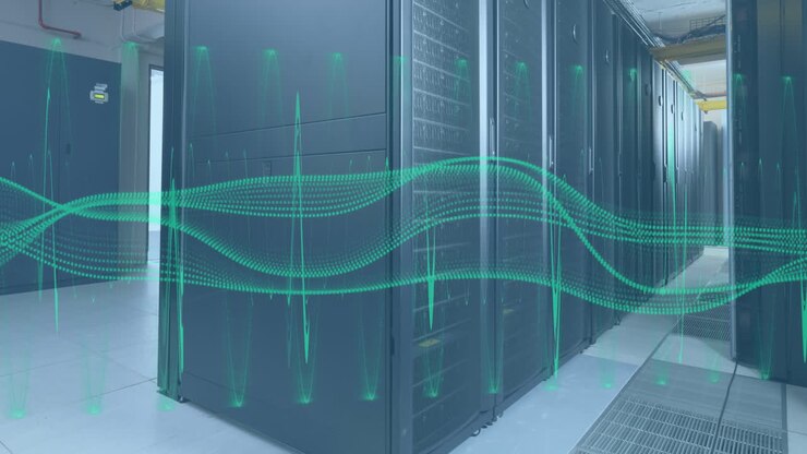 Animation of data processing and shapes over server room