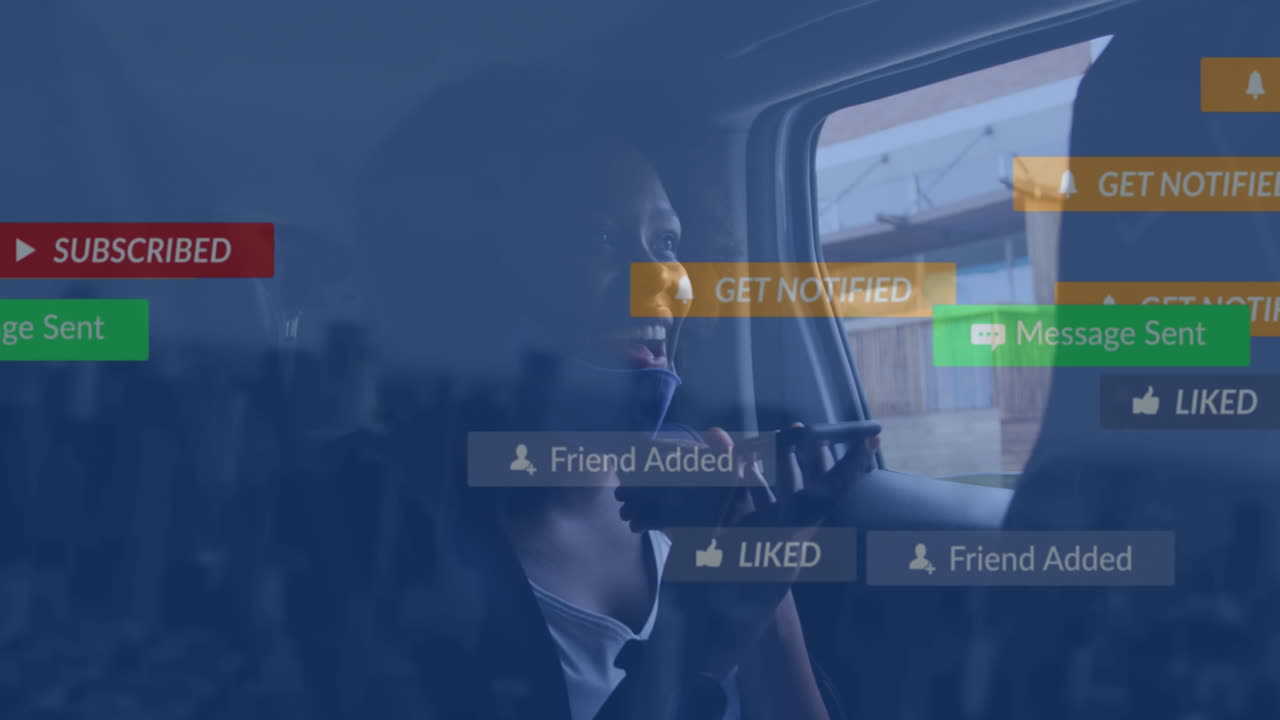 Animation of social media icons and data over african american woman using smartphone