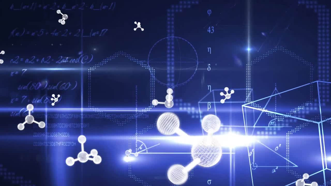 검은 바탕에 모양과 빛의 흔적이 있는 수학 방정식 위의 분자의 애니메이션