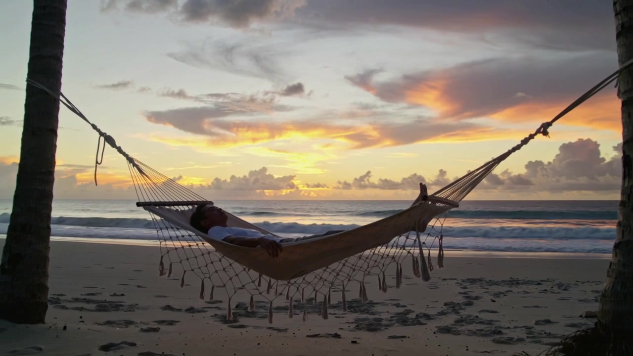 Un uomo in maglietta bianca e pantaloncini, dondolando nella brezza, si sistema in un'amaca frangiata sulla riva tra le palme, osservando il tramonto.