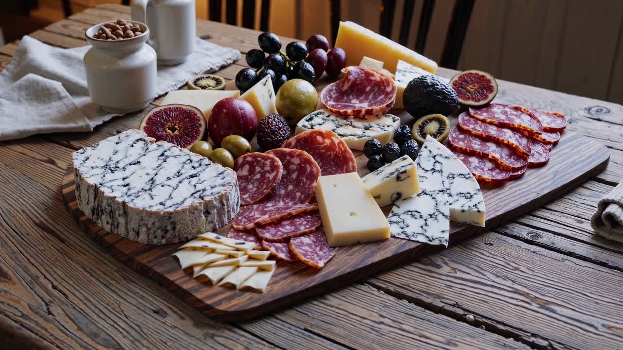 Concept vidéo rustique d'une planche de charcuterie avec un assortiment de fromages et de charcuteries