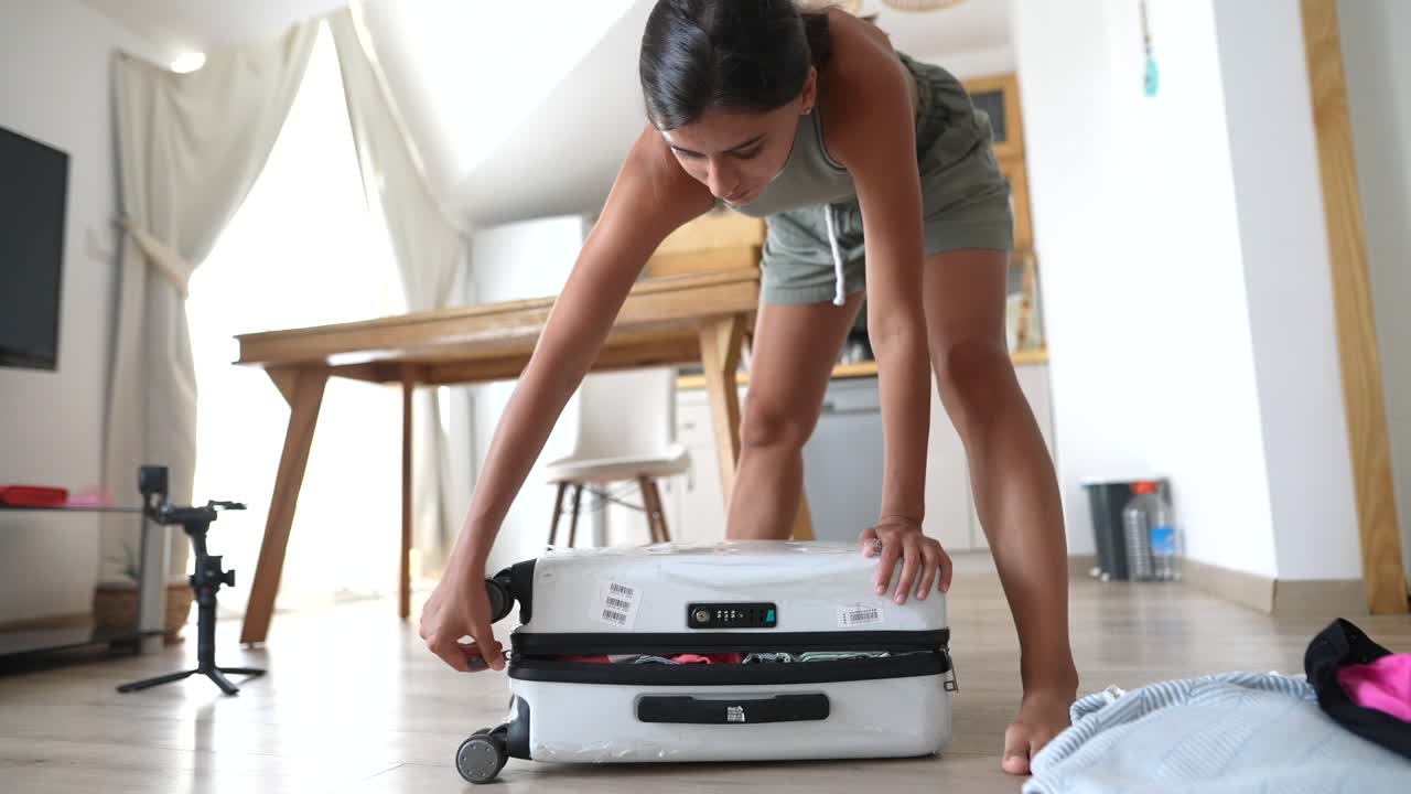 mujer empacando la maleta en casa