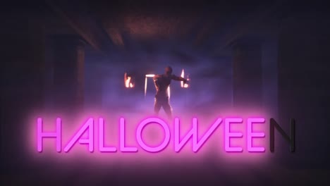 Animation-of-halloween-text-over-zombie-walking