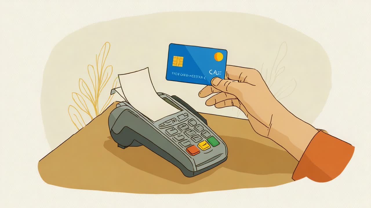 A step-by-step demonstration of contactless payment showcasing a credit card being tapped at a point-of-sale terminal, highlighting modern finance technology in retail transactions