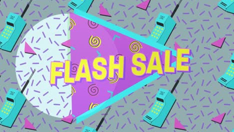 Animación-De-Banner-De-Texto-De-Venta-Flash-Sobre-Iconos-De-Teléfono-En-Patrones-Sin-Fisuras-Y-Formas-Abstractas