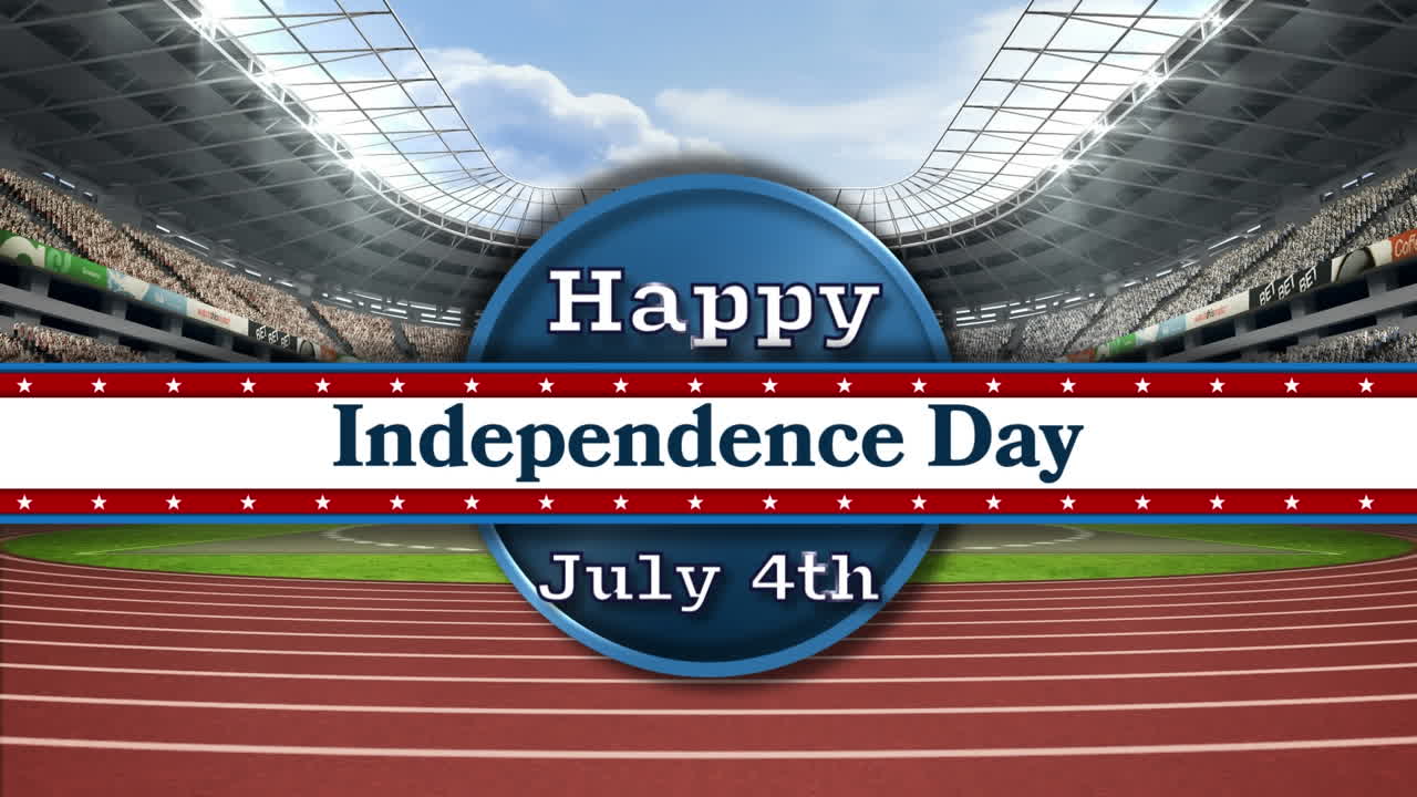 스포츠 경기장 위 에 있는 독립기념일 문자 의 애니메이션