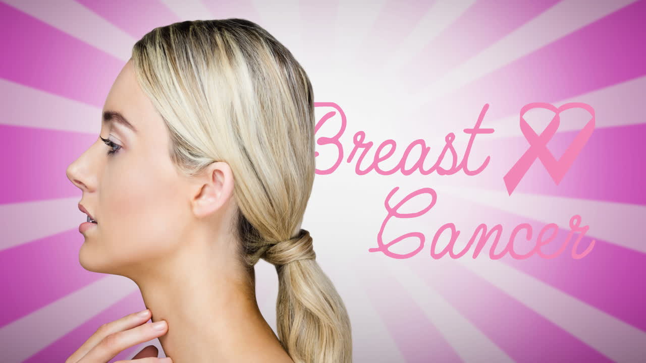 젊은 여성 위에 유방암 텍스트가 있는 분홍색 리본 로고의 애니메이션