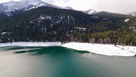 Wunderschöne-Luftaufnahme-Des-Lake-Kachess-Mit-Schneebänken-Und-Immergrünen-Bäumen-Mit-Schneebedeckten-Bergen-Im-US-Bundesstaat-Washington