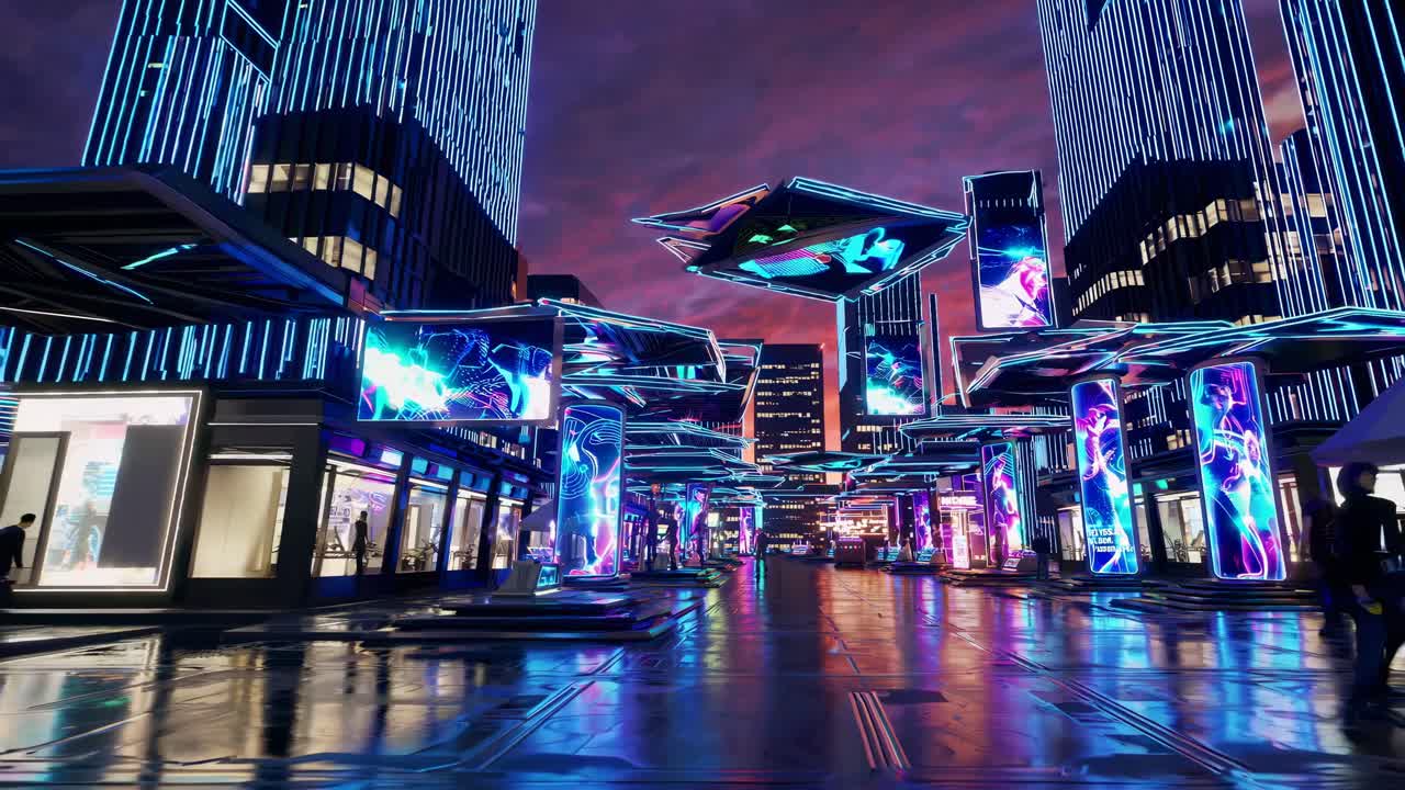 Futuristic neon-lit urban landscape