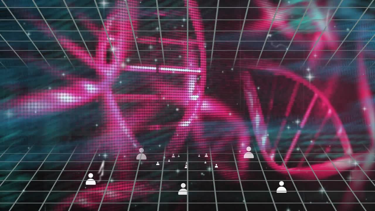 Animation af profilikoner flydende over databehandling mod roterende DNA-strukturer