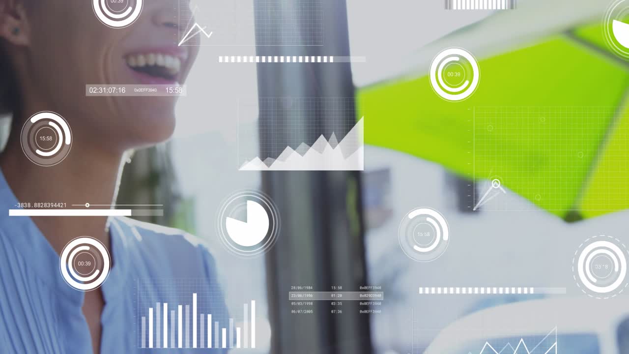 Woman typing laptop keys starting data charts tracking above keys and window, showing business data