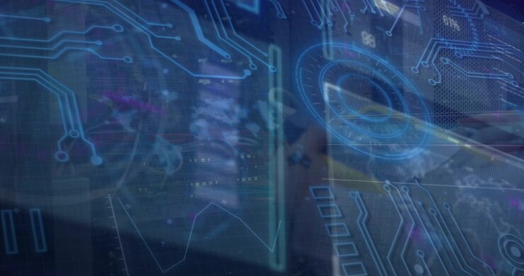 Animation of data processing over caucasian worker in server room