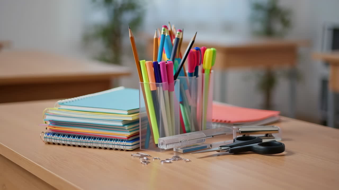 Skoleutstyr på et skrivebord