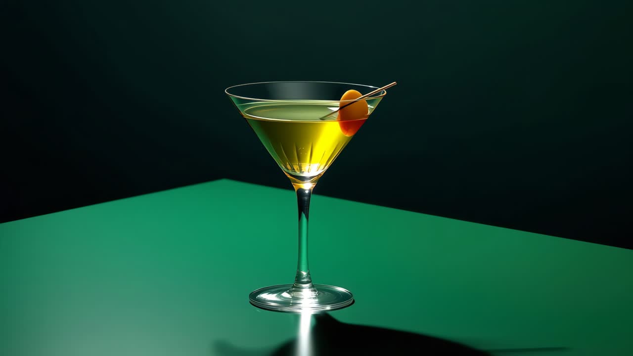 Un elegante scatto dall'alto di un bicchiere da Martini con un'oliva, su uno sfondo scuro