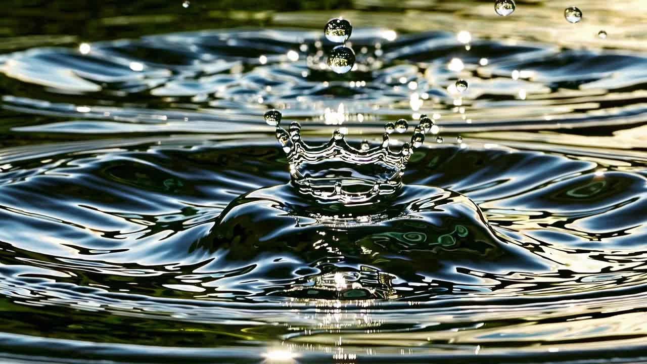 Nahaufnahme eines Wassertropfens beim Aufprall, aus einem niedrigen Winkel aufgenommen