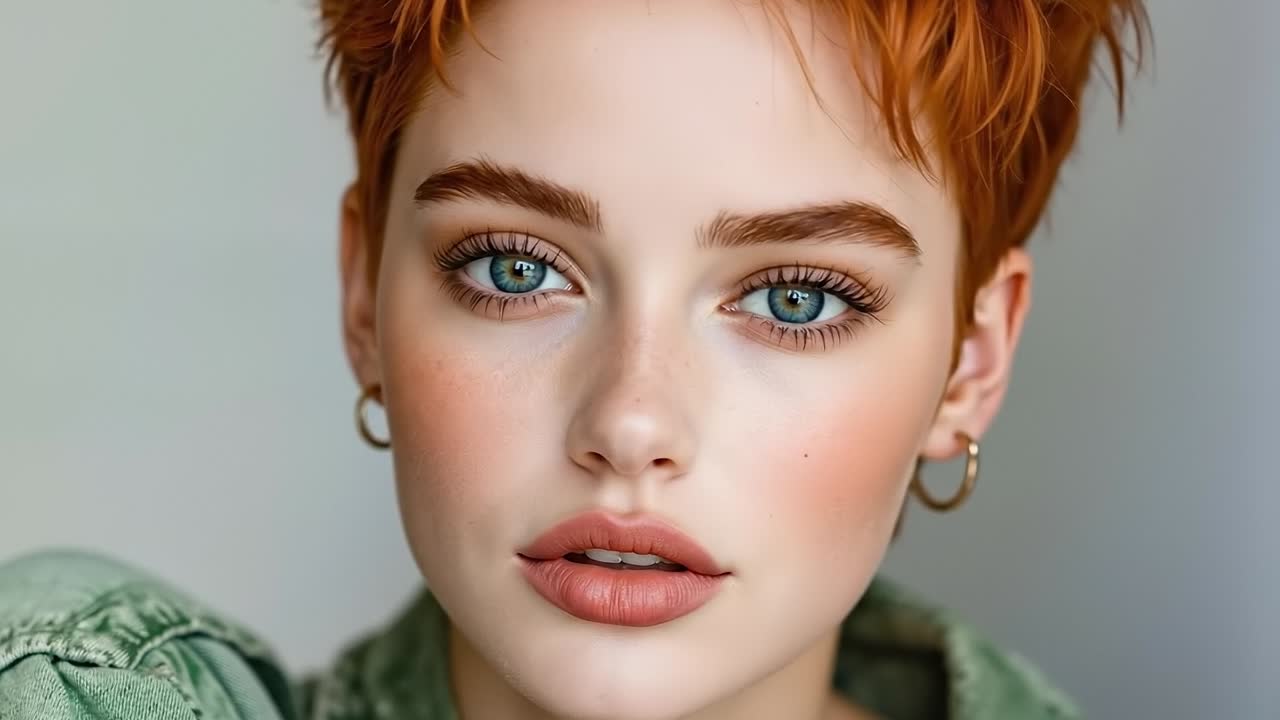 A woman with red hair and blue eyes wearing a green shirt