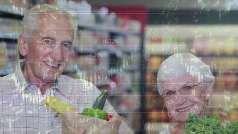 Animation-of-senior-caucasian-couple-in-shop-over-data-processing