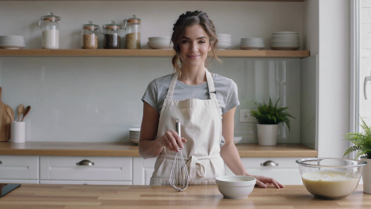 Mentre registra, una donna in grembiule tiene una frusta di metallo e prepara una dimostrazione di miscelazione, sorridendo al bancone della cucina.