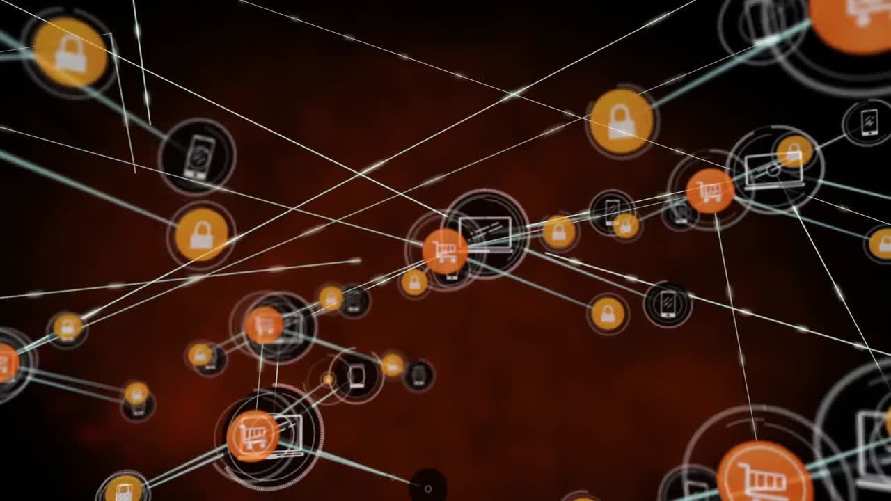 animación de una red de iconos digitales contra un fondo rojo