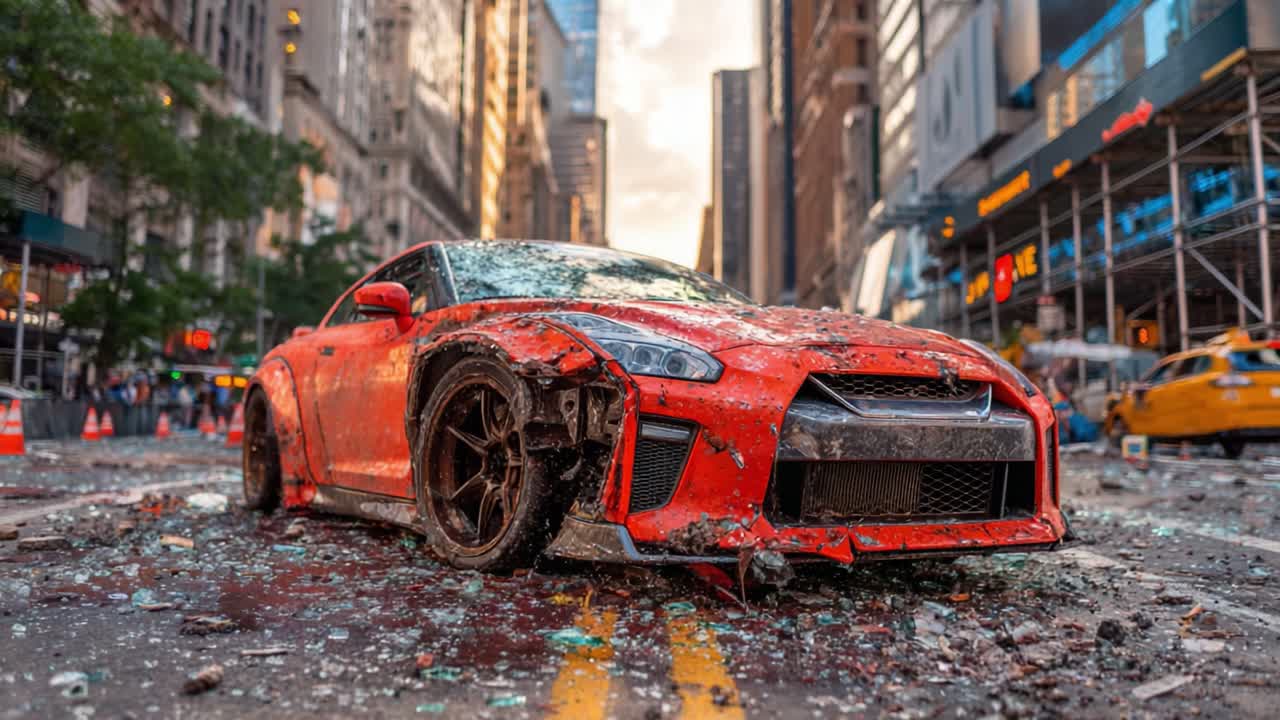 A Red Sports Car Amidst Debris in a City Street: The Aftermath of Chaos and Destruction Captured in a Dystopian Urban Landscape