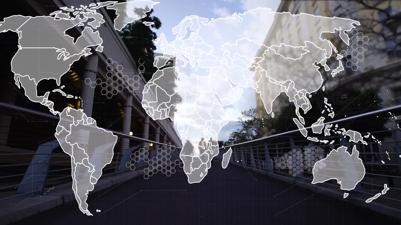 세계 지도의 애니메이션과 도시에서 다리를 건너는 보행자에 대한 데이터 처리