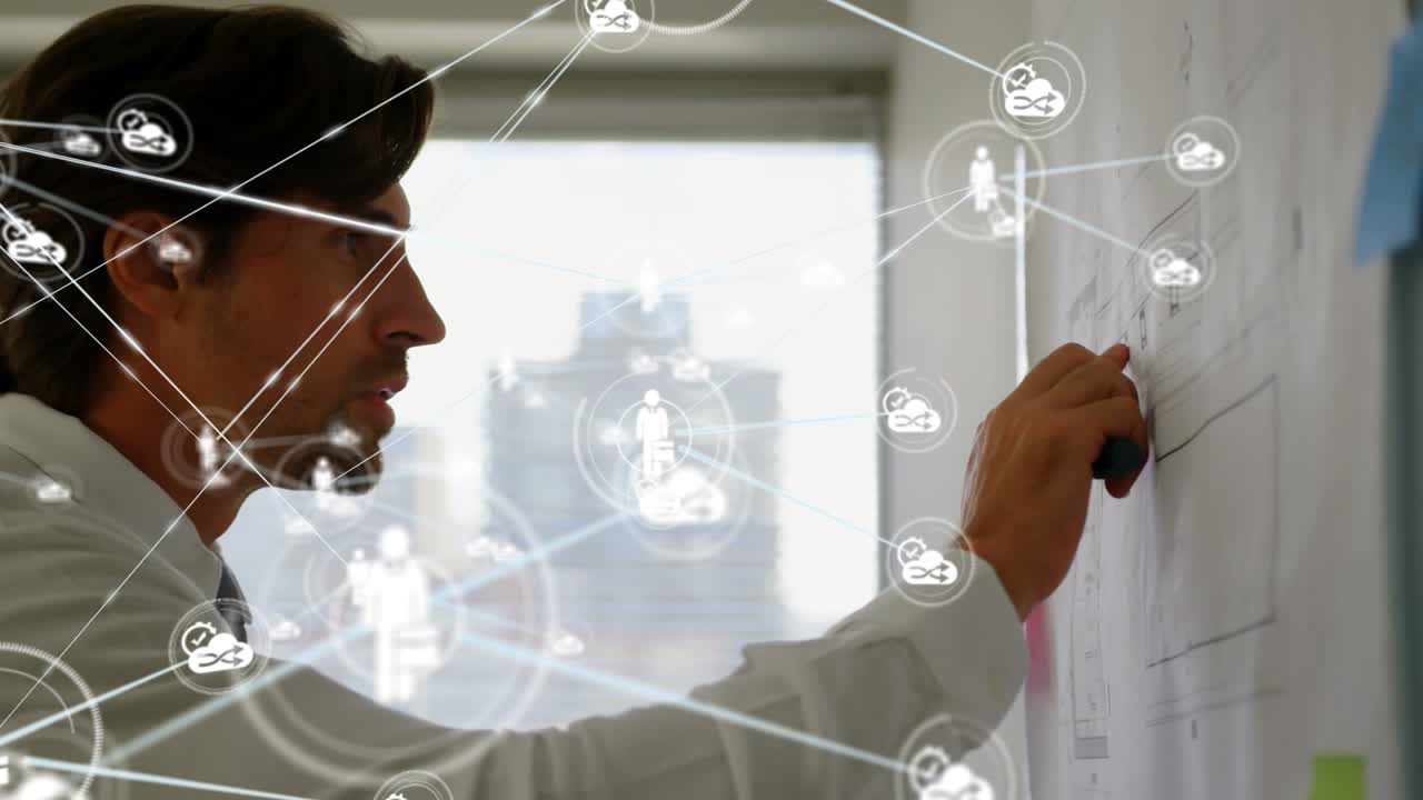 Animation of network of connections over caucasian businessman in office