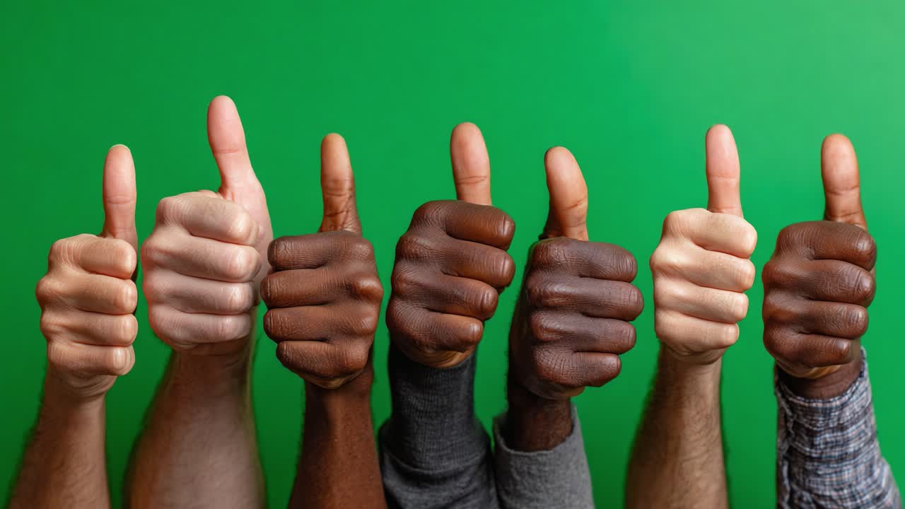 Un grupo diverso de personas muestra gestos de aprobación con el pulgar hacia arriba sobre un fondo verde vibrante, lo que significa positividad y unidad a través del simbolismo de las manos