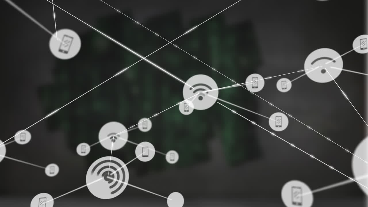 Animation of network of digital icons against grey textured background